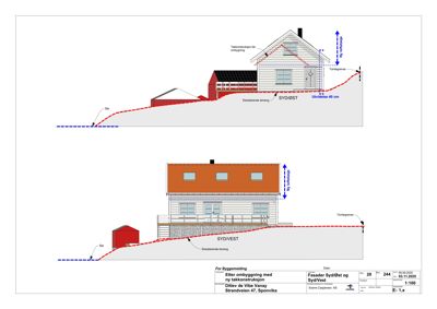 Fasadetegning som viser bygningens utseende fra sydøst og sydvest, inkludert mål og konstruksjonsdetaljer.