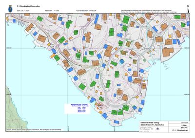 Et områdekart (situasjonsplan) som viser eiendomsinndeling, vegnett og topografi i Sponvika.