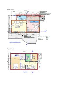 Bildet viser to etasjeplaner for en bygning: 'Første etasje' og 'Ny loftsetasje'. Planene inneholder romfordeling, mål, og innredning.