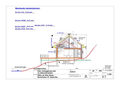 Snittegning (Snitt A-A) som viser tverrsnittet av en bygning med takkonstruksjon, trapper og nivåangivelser.