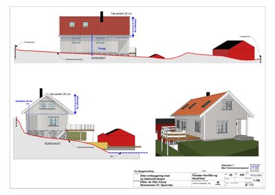 Bildet viser fasadetegninger for en bygning med taksenkning og takkonstruksjon, inkludert et 3D-utsnitt av fasaden.