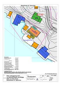 Situasjonsplan som viser tomtens form, eksisterende og planlagt bebyggelse, samt bygningsarealer og tomteareal.