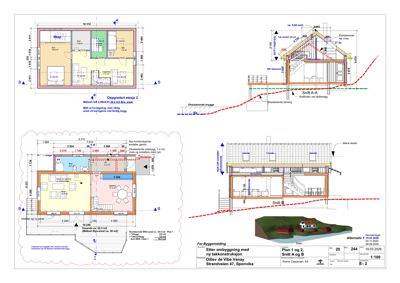 Bildet viser etasjeplaner (Plan 1 og 2) med romfordeling, mål og snittegninger (Snitt A-A og B) av en bygning.
