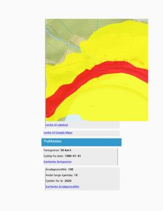 Kart med overlag av støykart (rødt og gult område) og trafikkdata (fartsgrense, årsdøgnsrafikk).