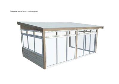 3D-visualisering av en hagestue som ønskes montert/bygget