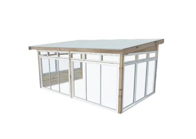 3D-visualisering av en liten bygning, sannsynligvis en uthus eller veranda, med etasjeforhold og fasadeelementer.