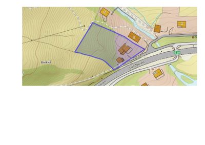 Situasjonsplan som viser et tomt (markert med blå linje) i forhold til omgivelsene, inkludert vei (Lundveien, E39), høydeforhold (konturlinjer) og nabobebyggelse.