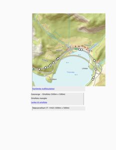 Et ortofoto (flyfoto) som viser et terrengområde med vann, veier og bygninger. Bildet inneholder også tekstinformasjon om kartlenke og støyvarselskart.