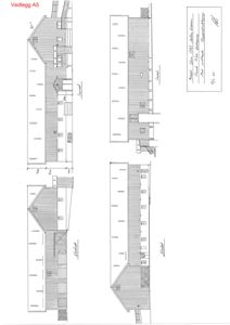 Bildet viser en tegning med fasadeopprikk (front- og sidevisninger) av en bygning, inkludert mål og skrift.