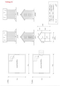 Bildet viser et fasadeoppriss (fra front og side) samt en snittegning av en liten hytte eller uthus, med mål og håndskrevne notater.