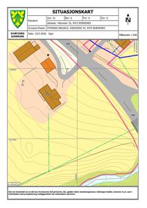 Situasjonskart som viser eiendomsgranser, vegforløp, høydemålerlinjer og bygningsplasseringer for eiendommen på Vikkeveien 35.