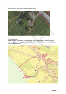 Bildet viser en side fra en byggesak som inneholder en satellittfoto (øverst) og en situasjonsplan (nederst) med markerte områder og tekst om kulturminner.