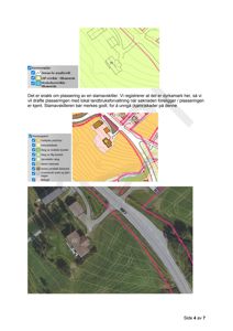 Bildet viser en side fra en rapport eller søknad som inneholder tre kartlag: en kommuneplan (topografisk), et markslagskart (bruksarealer), og et flyfoto. Teksten forklarer at det er snakk om plassering av en slamavskiller.