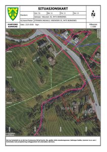 Situasjonskart med eiendomsnummer, adresse, topografi og eiendomsgrenser