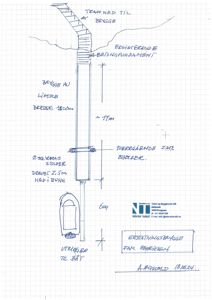 Et håndtegnet snitt som viser en brygge, en eksisterende betongfundament, og en ny bygning med en båtutganger.