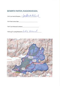 Kart over et vassdragsområde med overlappende arealer, høydemarkeringer og en markert vei (Rudjordvegen).