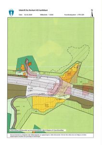 Kart fra Norkart AS som viser topografi, vegnett og arealbruk i et område.