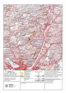 Et kart over et reguleringsområde i Skogsfjord, med topografiske detaljer, vegnett, arealdata og en markering for et driftssenterpunkt.