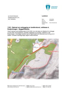 Kart over et reguleringsområde som viser topografi, eksisterende vei (Rudjordvegen) og et foreslått veianlegg (rød linje).