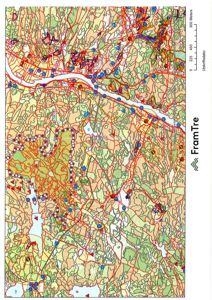 Et topografisk kart over et område med fjell, elver og skog, med overskriften 'FramTre' og en skala.