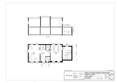 Bildet viser en snittegning (Snitt B-B) og en tilhørende etasjeplan for en bolig. Snittet illustrerer høydeforskjeller, takhelling og konstruksjon, mens planen viser romfordeling.