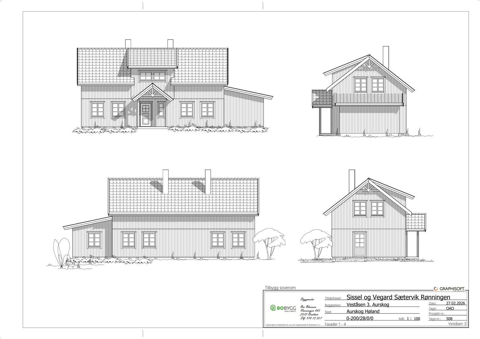 Fasadetegning som viser bygningens utsyn fra fire ulike vinkler (for, bak, venstre og høyre side).