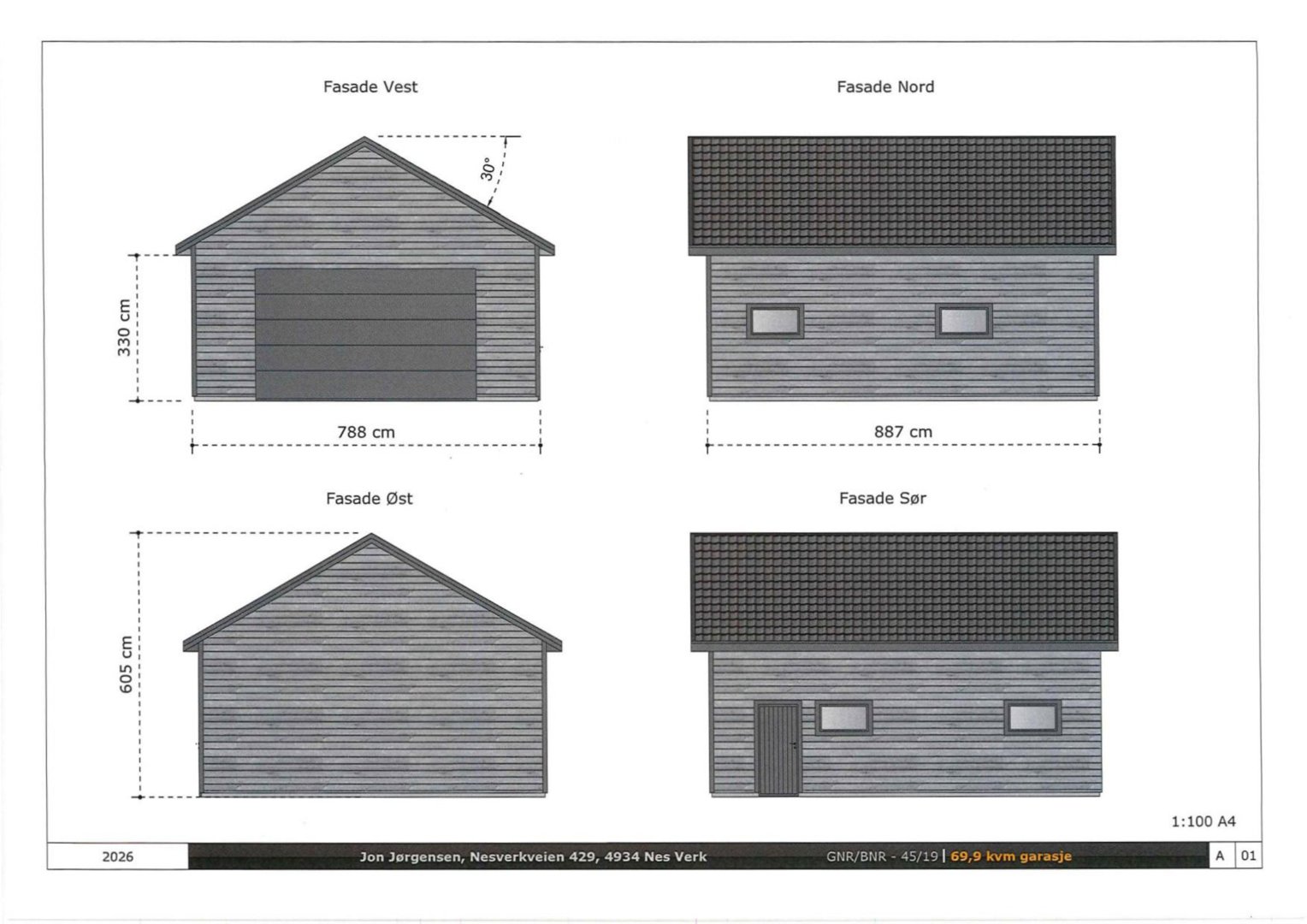 Fasadetegning som viser oppriss av bygningens fire sider (Vest, Nord, Øst, Sør) med mål og detaljer.