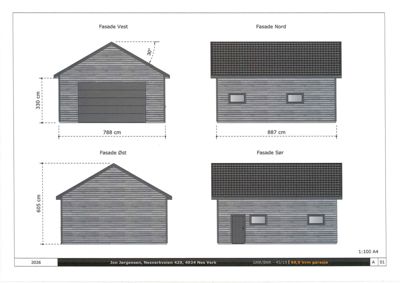 Fasadetegning som viser oppriss av bygningens fire sider (Vest, Nord, Øst, Sør) med mål og detaljer.