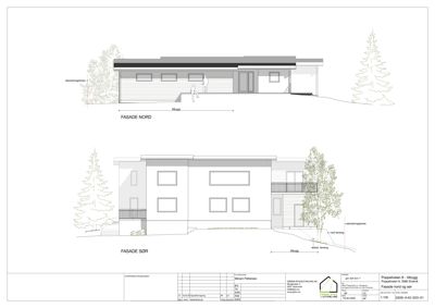 Fasadetegning som viser bygningens utseende fra nord og sør, inkludert vinduer, dører, takform og terrengforhold.