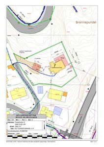 Situasjonskart som viser tomtens beliggenhet, grenser, eksisterende og planlagte bygninger samt infrastruktur.
