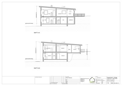 Tegning som viser tverrsnitt gjennom en bygning (SNITT A-A og SNITT B-B) med romfordeling, høyder og konstruksjonsdetaljer.