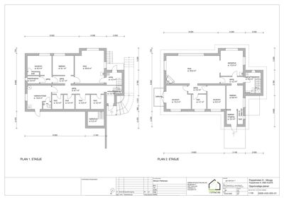 Opprinnelige planer (etasjeplaner) for et hus med to etasjer, inkludert romfordeling og mål.