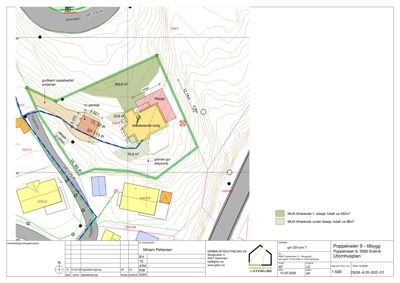 Situasjonsplan som viser tomtens grenser, eksisterende og planlagt bebyggelse, høydemålerlinjer (kontur), og arealoppdelinger (MUA).