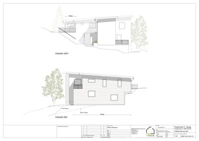 Tegning som viser fasadeopprikk for bygningen sett fra vest og øst.