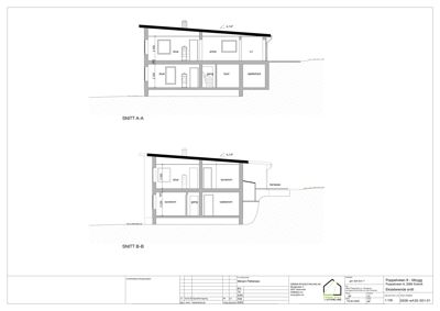 Snittegning (SNITT A-A og SNITT B-B) som viser tverrsnitt gjennom en eksisterende bygning med romfordeling, høyder og terrasseløsning.