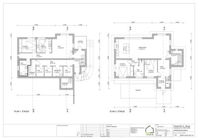 Plantegning som viser romfordeling og dimensjoner for to etasjer av en bygning (PLAN 1. ETASJE og PLAN 2. ETASJE).