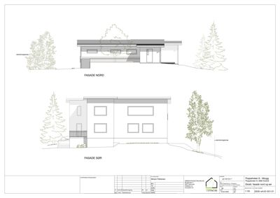 Tegning som viser fasadeopprikk for bygningen sett fra nord og sør.