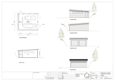 Fasadetegning med oppriss av en garasje sett fra fire sider (Sør, Nord, Vest, Øst) samt et snitt og en plan.