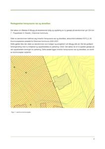 Et utsnitt fra en kommuneplan som viser eiendomsgrenser, topografi (konturlinjer) og et område markert med skravering for hensynssone for ras og skredfare.