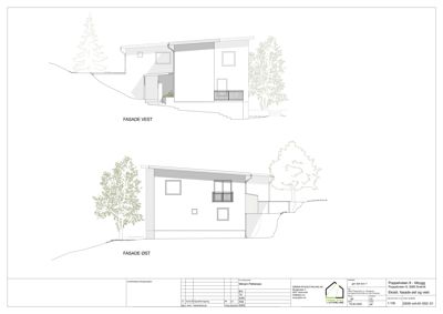 Fasadetegning som viser bygningens utseende fra vest og øst.