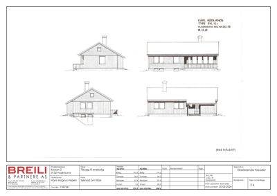 Fasadetegning som viser tre ulike vinkler (front, side og bak) av en husmodell (Karl Rodland's Type P.K. 12+).