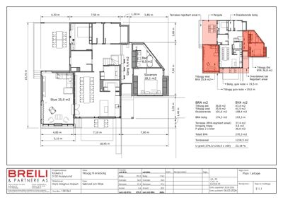 Etasjeplan (Plan 1. etasje) som viser romfordeling, mål og arealoppdeling for en bolig med tilbygging.