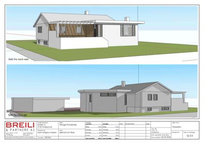 Perspektivtegning (rendering) som viser en 3D-visualisering av en planlagt enebolig sett fra nord-vest og nord-øst.
