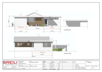 Fasadetegning som viser oppriss av bygningens front (Fasade Syd og Fasade Vest) med mål og tilbygg.