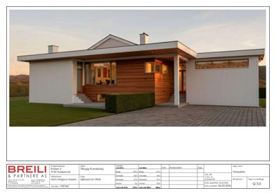 Fotografi av en moderne enebolig med utvidelse, sett fra foran. Bildet viser fasaden, trapp opp til inngang, og deler av hagen.