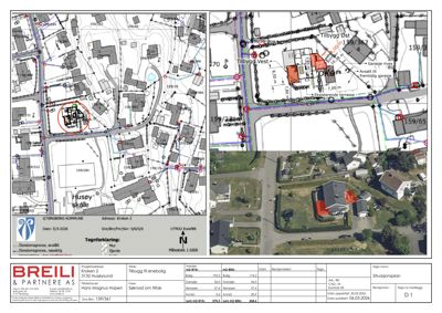 Situasjonsplan som viser tomtens grenser, naboeiendommer, eksisterende bygninger (hus, garasje) og planlagte tiltak (tilbygg, riving, terrasse).