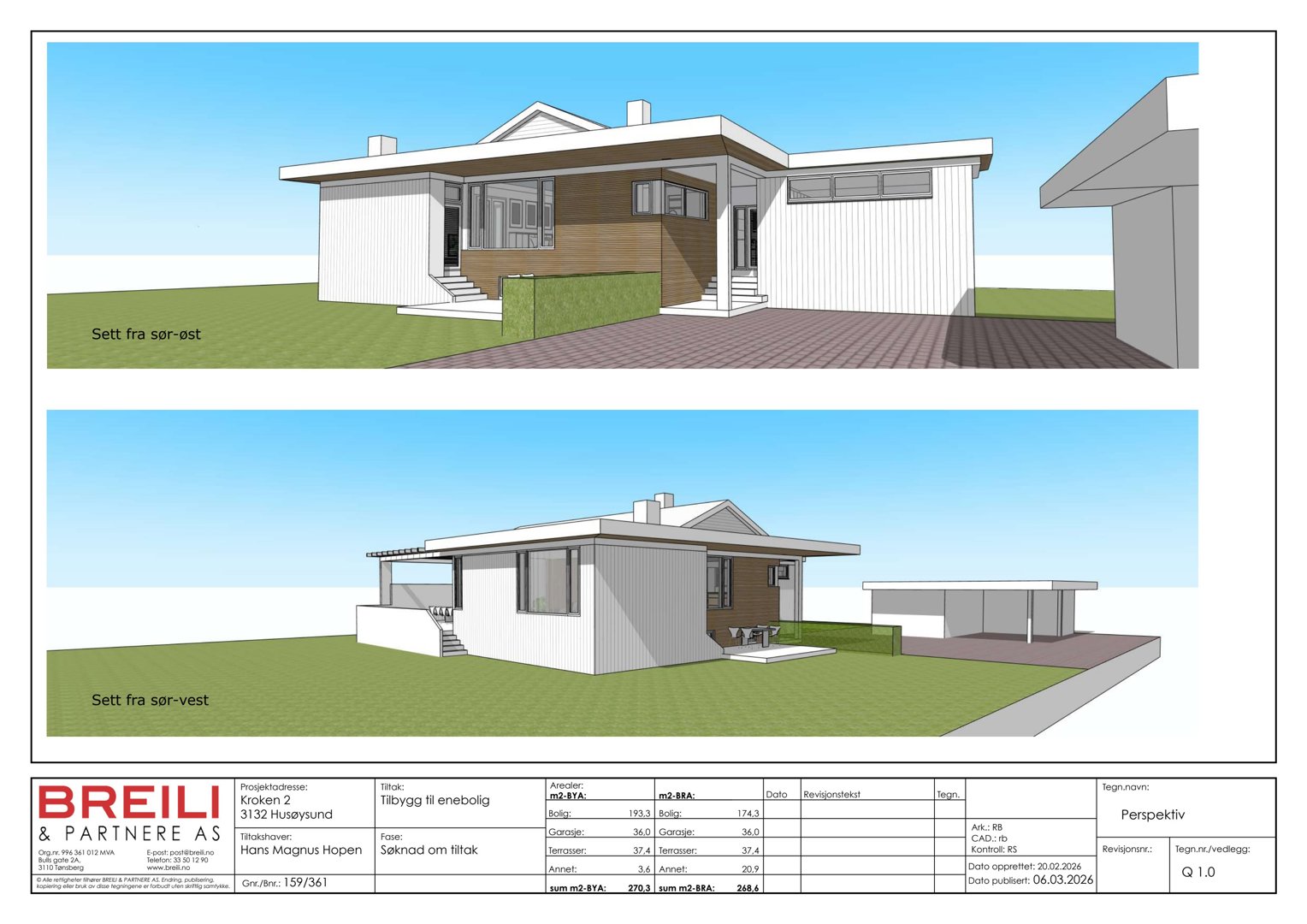 Perspektivtegning (rendering) som viser en enebolig sett fra sør-øst og sør-vest. Tegningen illustrerer fasade, takform og omgivelser.