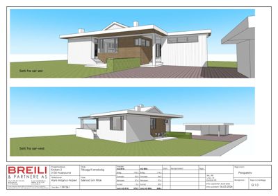 Perspektivtegning (rendering) som viser en enebolig sett fra sør-øst og sør-vest. Tegningen illustrerer fasade, takform og omgivelser.