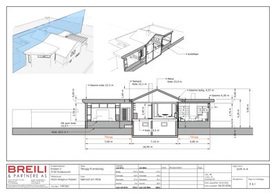 Snittegning (Snitt A-A) som viser bygningens tverrsnitt, høyder, koter og romfordeling.