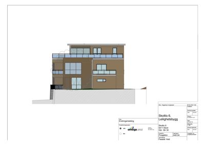 Fasadetegning (opprikk) av bygningen sett fra vest.